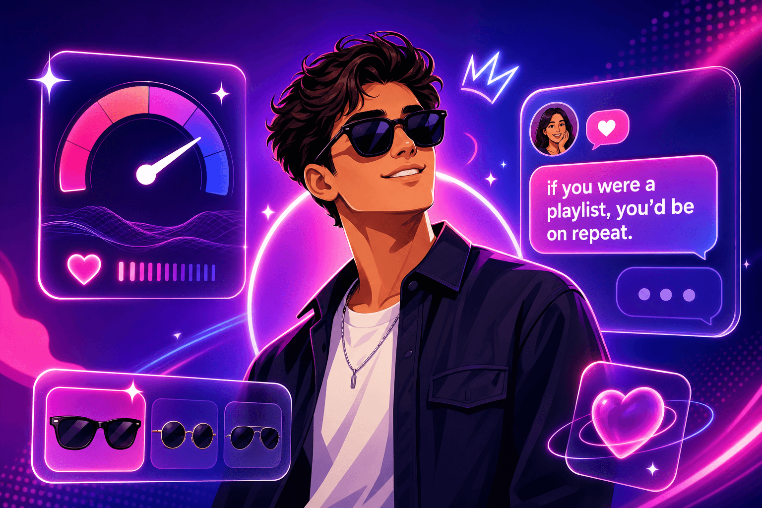 Rizz Assist AI analyzing a confident person's photo with rizz score, pickup line, and shades suggestions